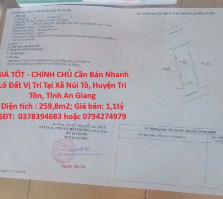 GIÁ TỐT - CHÍNH CHỦ Cần Bán Nhanh Lô Đất Vị Trí Tại Xã Núi Tô, Huyện Tri Tôn, Tỉnh An Giang