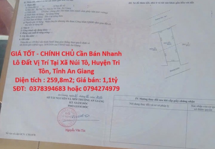 GIÁ TỐT - CHÍNH CHỦ Cần Bán Nhanh Lô Đất Vị Trí Tại Xã Núi Tô, Huyện Tri Tôn, Tỉnh An Giang