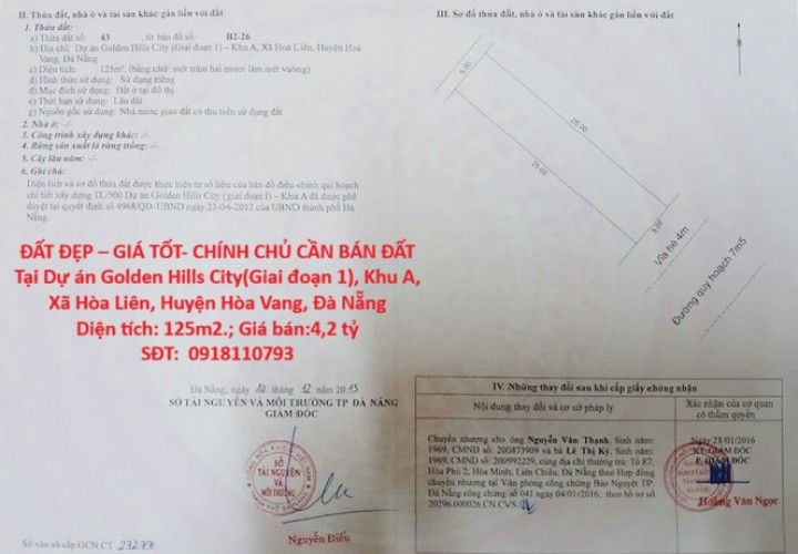 ĐẤT ĐẸP – GIÁ TỐT- CHÍNH CHỦ CẦN BÁN ĐẤT Tại Khu A, Xã Hòa Liên, Huyện Hòa Vang, Đà Nẵng