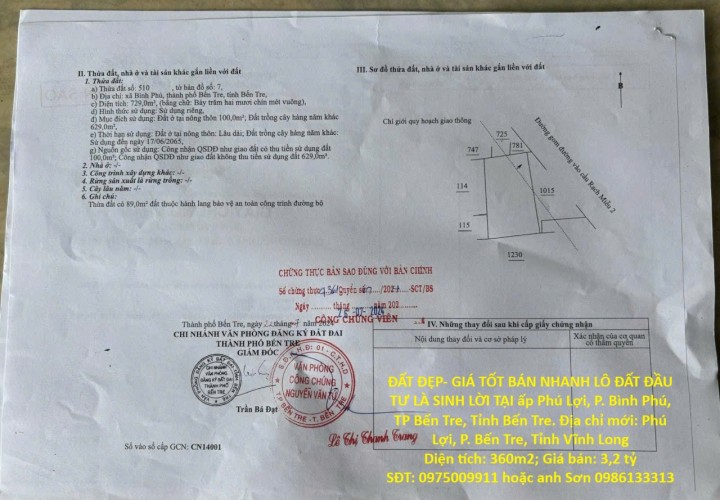 ĐẤT ĐẸP- GIÁ TỐT BÁN NHANH LÔ ĐẤT ĐẦU TƯ LÀ SINH LỜI TẠI TP Bến Tre, Tỉnh Bến Tre