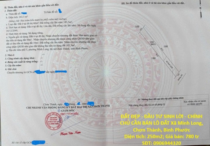 ĐẤT ĐẸP - ĐẦU TƯ SINH LỜI - CHÍNH CHỦ CẦN BÁN LÔ ĐẤT Xã Minh Long, Chơn Thành, Bình Phước