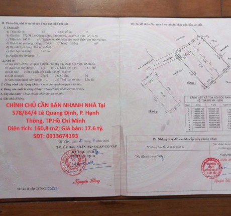 CHÍNH CHỦ CẦN BÁN NHANH NHÀ Tại Lê Quang Định, Phường 1, Quận Gò Vấp, Tp Hồ Chí Minh