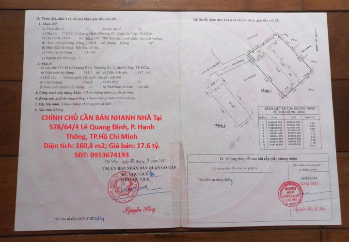 CHÍNH CHỦ CẦN BÁN NHANH NHÀ Tại Lê Quang Định, Phường 1, Quận Gò Vấp, Tp Hồ Chí Minh