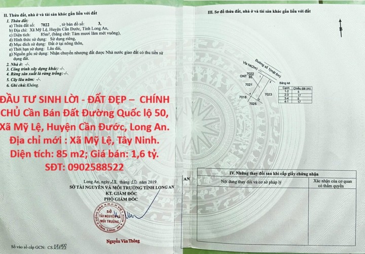 ĐẦU TƯ SINH LỜI - ĐẤT ĐẸP –  CHÍNH CHỦ Cần Bán Đất Đường Quốc lộ 50, Xã Mỹ Lệ, Huyện Cần Đước, Long An.
