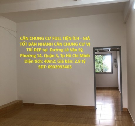 CĂN CHUNG CƯ FULL TIỆN ÍCH - GIÁ TỐT BÁN NHANH CĂN CHUNG CƯ VỊ TRÍ ĐẸP tại quận 3, TPHCM