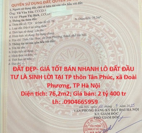 ĐẤT ĐẸP- GIÁ TỐT BÁN NHANH LÔ ĐẤT ĐẦU TƯ LÀ SINH LỜI TẠI TP xã Đoài Phương, TP Hà Nội