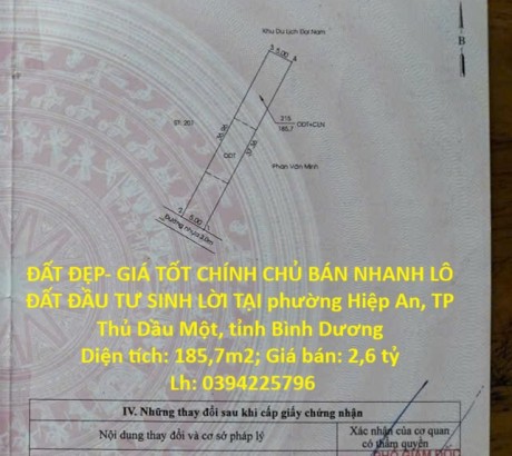 ĐẤT ĐẸP- GIÁ TỐT CHÍNH CHỦ BÁN NHANH LÔ ĐẤT ĐẦU TƯ SINH LỜI TẠI TP Thủ Dầu Một, tỉnh Bình Dương