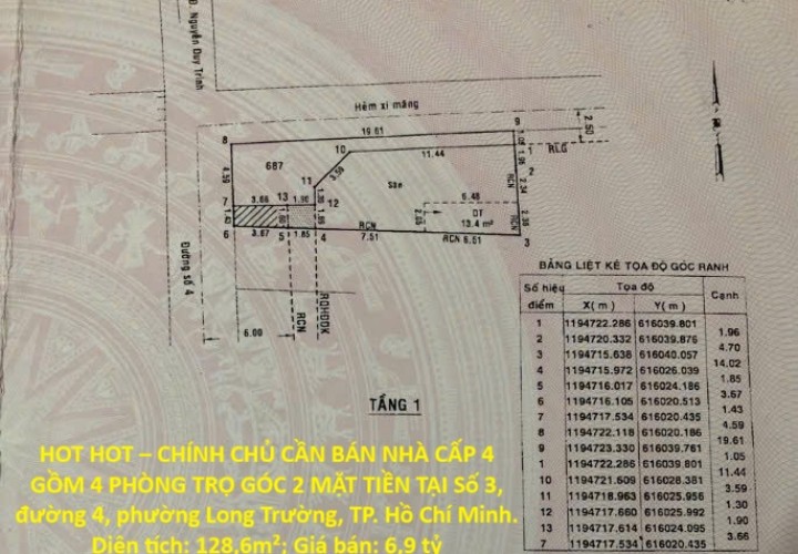 HOT HOT – CHÍNH CHỦ CẦN BÁN NHÀ CẤP 4 GỒM 4 PHÒNG TRỌ GÓC 2 MẶT TIỀN TẠI Đường 4, phường Long Trường, TP. Hồ Chí Minh