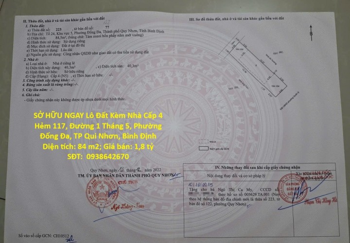SỞ HỮU NGAY Lô Đất Kèm Nhà Cấp 4 Hẻm 117, Đường 1 Tháng 5, Phường Đống Đa, TP Qui Nhơn, Bình Định