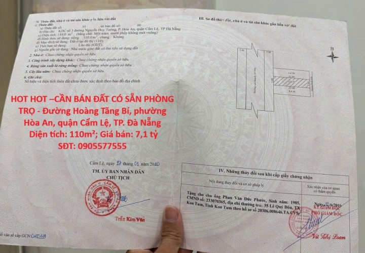 HOT HOT –CẦN BÁN ĐẤT CÓ SẴN PHÒNG TRỌ - Đường Hoàng Tăng Bí, phường Hòa An, quận Cẩm Lệ, TP. Đà Nẵng