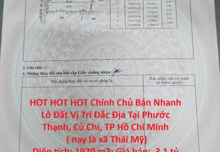 HOT HOT HOT Chính Chủ Bán Nhanh Lô Đất Vị Trí Đắc Địa Tại Phước Thạnh, Củ Chi, TP Hồ Chí Minh
