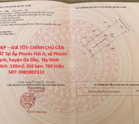 ĐẤT ĐẸP – GIÁ TỐT- CHÍNH CHỦ CẦN BÁN ĐẤT Tại Ấp Phước Hội A, xã Phước Thạnh, huyện Gò Dầu, Tây Ninh