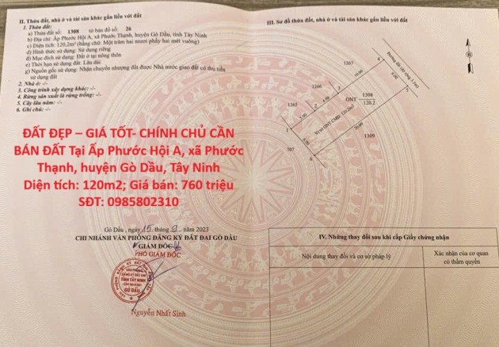 ĐẤT ĐẸP – GIÁ TỐT- CHÍNH CHỦ CẦN BÁN ĐẤT Tại Ấp Phước Hội A, xã Phước Thạnh, huyện Gò Dầu, Tây Ninh