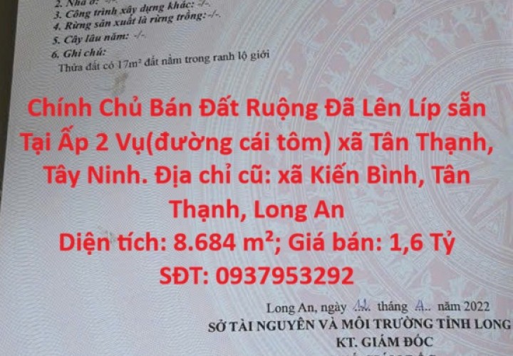 ĐẦU TƯ SINH LỜI - Chính Chủ Bán Đất Ruộng Đã Lên Líp sẵn Tại Ấp 2 Vụ(đường cái tôm) xã Tân Thạnh, Tây Ninh