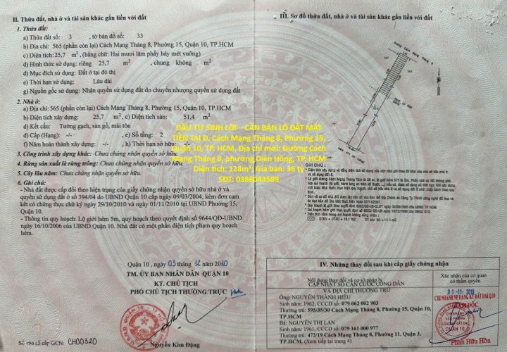 ĐẦU TƯ SINH LỜI  –CẦN BÁN LÔ ĐẤT MẶT TIỀN TẠI Đ. Cách Mạng Tháng 8, Phường 15, Quận 10, TP. HCM