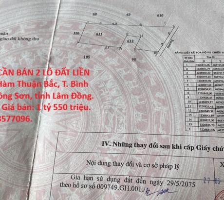 HOT HOT – CHÍNH CHỦ CẦN BÁN 2 LÔ ĐẤT LIỀN KỀ TẠI X. Hồng Sơn, H. Hàm Thuận Bắc, T. Bình Thuận
