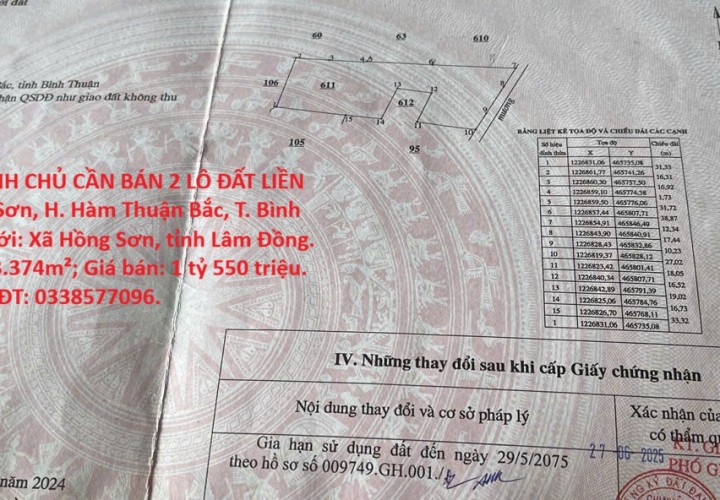 HOT HOT – CHÍNH CHỦ CẦN BÁN 2 LÔ ĐẤT LIỀN KỀ TẠI X. Hồng Sơn, H. Hàm Thuận Bắc, T. Bình Thuận