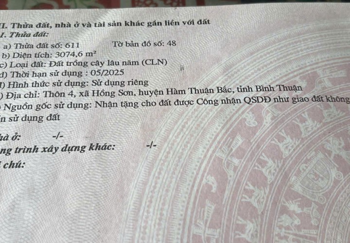 HOT HOT – CHÍNH CHỦ CẦN BÁN 2 LÔ ĐẤT LIỀN KỀ TẠI X. Hồng Sơn, H. Hàm Thuận Bắc, T. Bình Thuận