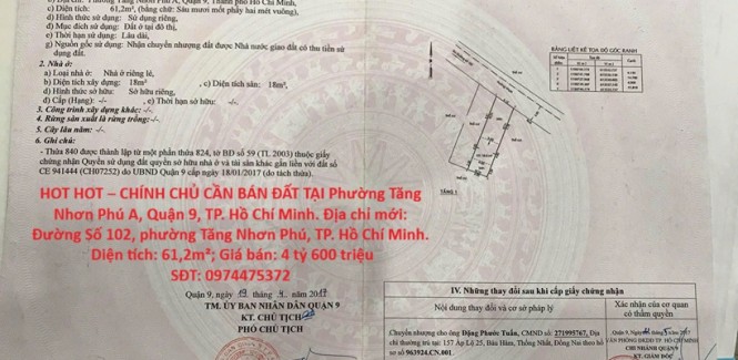 HOT HOT – CHÍNH CHỦ CẦN BÁN ĐẤT TẠI Phường Tăng Nhơn Phú A, Quận 9, TP. Hồ Chí Minh