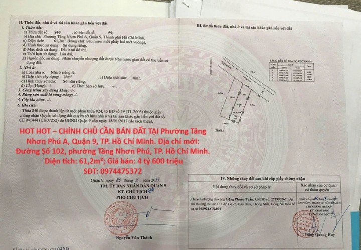 HOT HOT – CHÍNH CHỦ CẦN BÁN ĐẤT TẠI Phường Tăng Nhơn Phú A, Quận 9, TP. Hồ Chí Minh