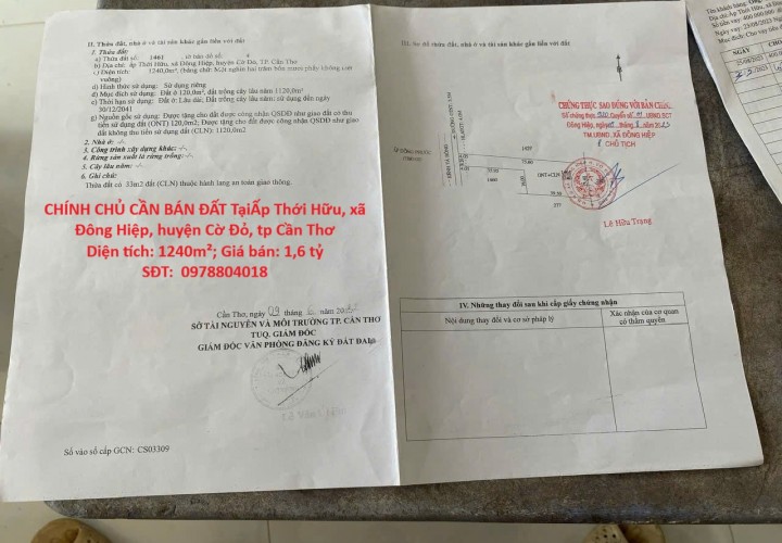 ĐẦU TƯ SINH LỜI – CHÍNH CHỦ CẦN BÁN ĐẤT Tại  xã Đông Hiệp, huyện Cờ Đỏ, tp Cần Thơ