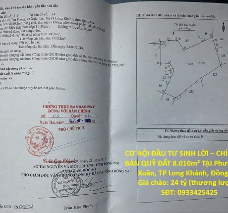 CƠ HỘI ĐẦU TƯ SINH LỜI – CHÍNH CHỦ BÁN QUỸ ĐẤT 8.010m² TẠI Phường Xuân Tân, TP Long Khánh, Đồng Nai