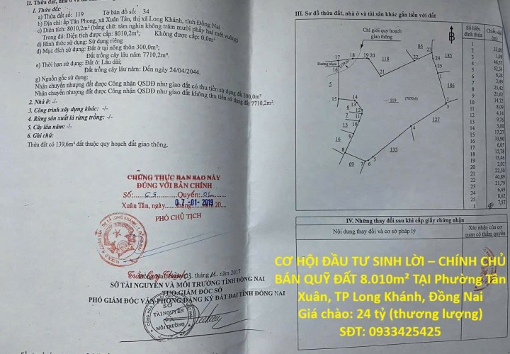 CƠ HỘI ĐẦU TƯ SINH LỜI – CHÍNH CHỦ BÁN QUỸ ĐẤT 8.010m² TẠI Phường Xuân Tân, TP Long Khánh, Đồng Nai