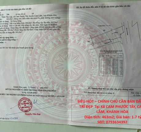 SIÊU HÓT – CHÍNH CHỦ CẦN BÁN ĐẤT VỊ TRÍ ĐẸP Tại Xã CAM PHƯỚC TÂY, CAM LÂM, KHÁNH HÒA