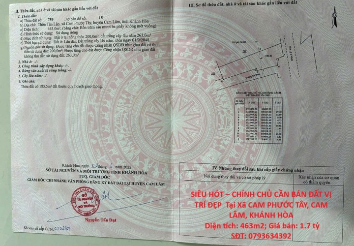SIÊU HÓT – CHÍNH CHỦ CẦN BÁN ĐẤT VỊ TRÍ ĐẸP  Tại Xã CAM PHƯỚC TÂY, CAM LÂM, KHÁNH HÒA