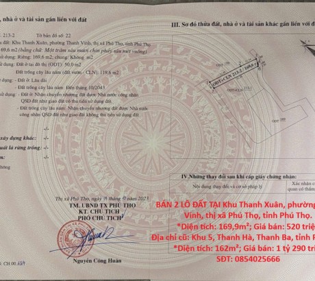 HOT HOT – CHÍNH CHỦ CẦN BÁN 2 LÔ ĐẤT TẠI TX. PHÚ THỌ VÀ H. THANH BA, tỉnh Phú Thọ.