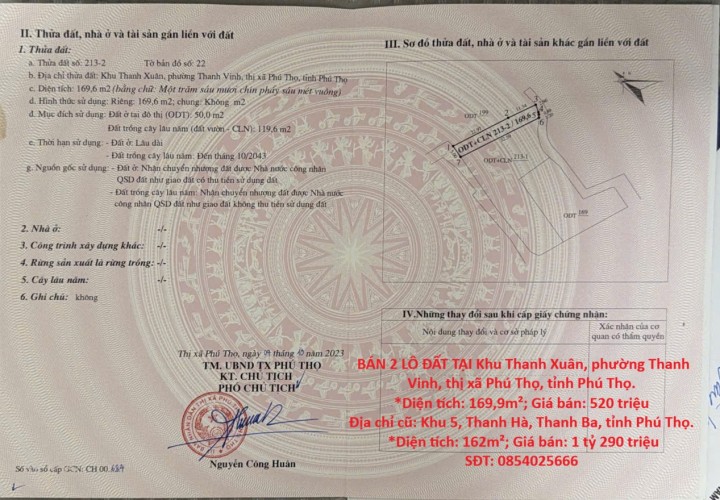 HOT HOT – CHÍNH CHỦ CẦN BÁN 2 LÔ ĐẤT TẠI TX. PHÚ THỌ VÀ H. THANH BA, tỉnh Phú Thọ.