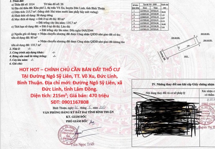 HOT HOT – CHÍNH CHỦ CẦN BÁN ĐẤT THỔ CƯ TẠI Đường Ngô Sỹ Liên, TT. Võ Xu, Đức Linh, Bình Thuận.
