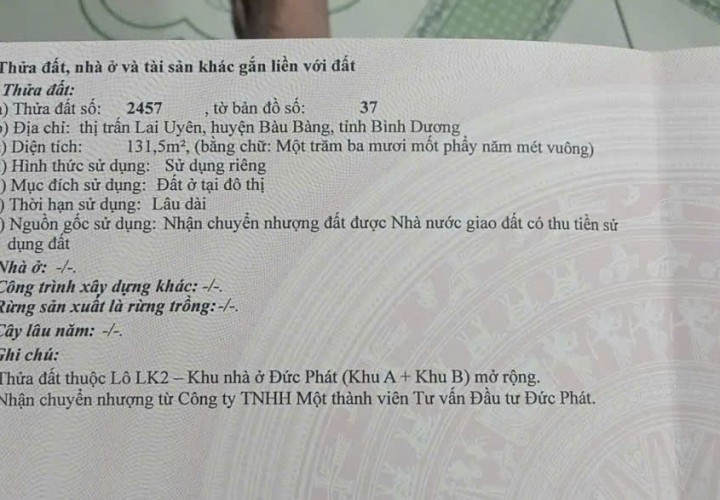 ĐẤT ĐẸP- GIÁ TỐT CHÍNH CHỦ BÁN GẤP LÔ ĐẤT 2 MẶT TIỀN TIỀM NĂNG ĐẦU TƯ TẠI  Bàu Bàng, Bình Dương