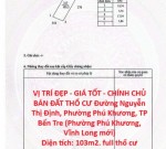VỊ TRÍ ĐẸP - GIÁ TỐT - CHÍNH CHỦ BÁN ĐẤT THỔ CƯ Đường Nguyễn Thị Định, Phường Phú Khương, TP Bến Tre