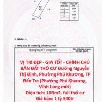 VỊ TRÍ ĐẸP - GIÁ TỐT - CHÍNH CHỦ BÁN ĐẤT THỔ CƯ Đường Nguyễn Thị Định, Phường Phú Khương, TP Bến Tre