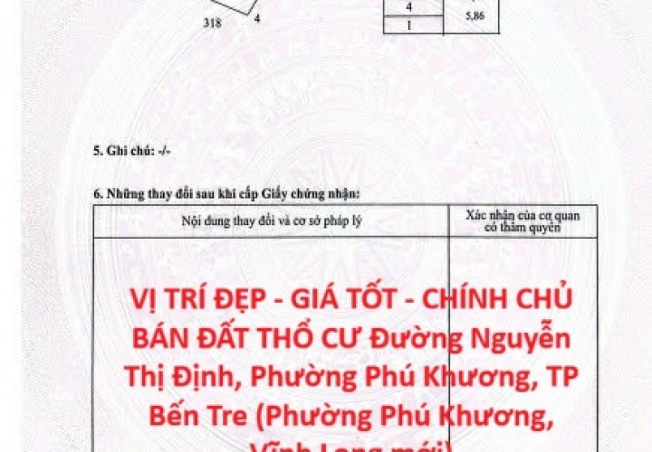 VỊ TRÍ ĐẸP - GIÁ TỐT - CHÍNH CHỦ BÁN ĐẤT THỔ CƯ Đường Nguyễn Thị Định, Phường Phú Khương, TP Bến Tre