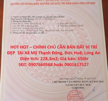 HOT HOT – CHÍNH CHỦ CẦN BÁN ĐẤT VỊ TRÍ ĐẸP TẠI Xã Mỹ Thạnh Đông, Đức Huệ, Long An