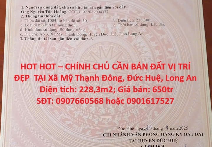 HOT HOT – CHÍNH CHỦ CẦN BÁN ĐẤT VỊ TRÍ ĐẸP  TẠI Xã Mỹ Thạnh Đông, Đức Huệ, Long An