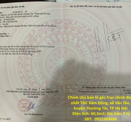 ĐẦU TƯ SINH LỜI – CHÍNH CHỦ CẦN BÁN ĐẤT TẠI xã Vân Tảo, huyện Thường Tín, TP Hà Nội