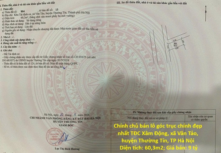 ĐẦU TƯ SINH LỜI – CHÍNH CHỦ CẦN BÁN ĐẤT TẠI xã Vân Tảo, huyện Thường Tín, TP Hà Nội