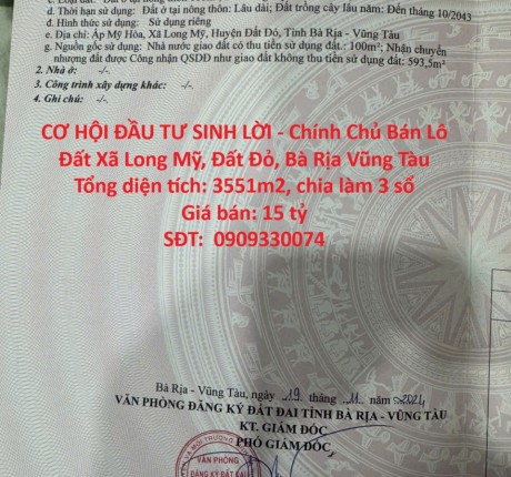 CƠ HỘI ĐẦU TƯ SINH LỜI - Chính Chủ Bán Lô Đất Xã Long Mỹ, Đất Đỏ, Bà Rịa Vũng Tàu