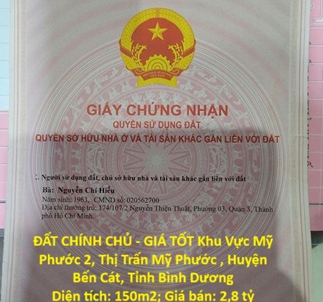 ĐẤT CHÍNH CHỦ - GIÁ TỐT Khu Vực Mỹ Phước 2, Thị Trấn Mỹ Phước , Huyện Bến Cát, Tỉnh Bình Dương