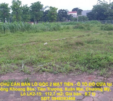 CHÍNH CHỦ CẦN BÁN LÔ GÓC 2 MẶT TIỀN - Ô TÔ ĐỖ CỬA tại Khu Đấu Giá Đồng Khoang Bèo