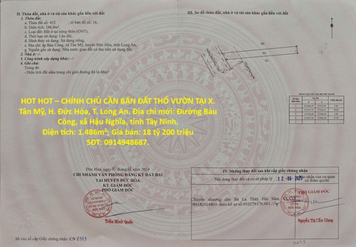 HOT HOT – CHÍNH CHỦ CẦN BÁN ĐẤT THỔ VƯỜN TẠI X. Tân Mỹ, H. Đức Hòa, T. Long An