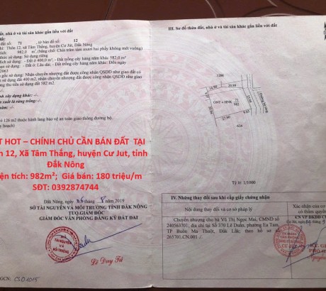 HOT HOT – CHÍNH CHỦ CẦN BÁN ĐẤT TẠI Xã Tâm Thắng, huyện Cư Jut, tỉnh Đắk Nông