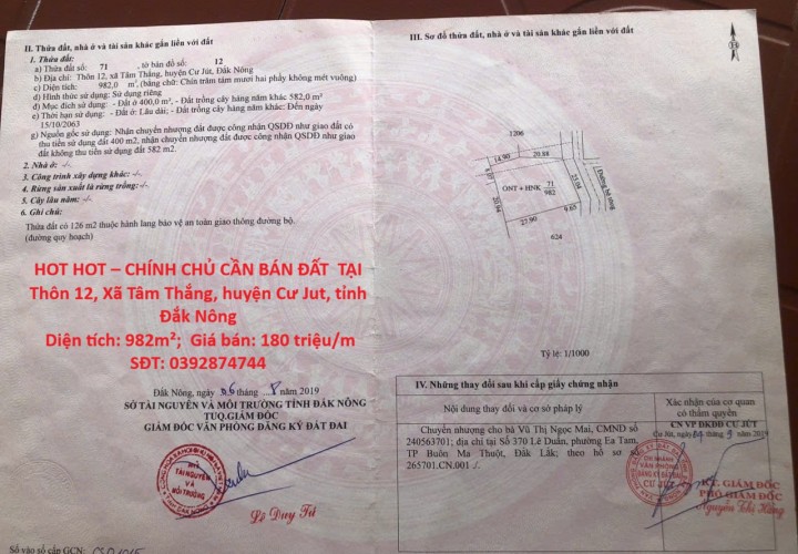 HOT HOT – CHÍNH CHỦ CẦN BÁN ĐẤT  TẠI Xã Tâm Thắng, huyện Cư Jut, tỉnh Đắk Nông