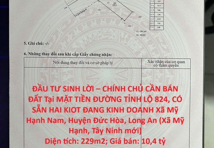 ĐẦU TƯ SINH LỜI – CHÍNH CHỦ CẦN BÁN ĐẤT Tại Xã Mỹ Hạnh Nam, Huyện Đức Hòa, Long An