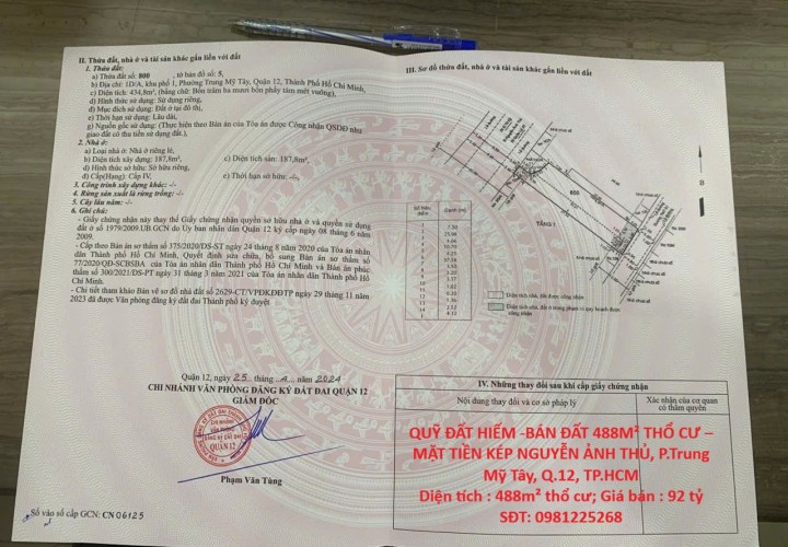 QUỸ ĐẤT HIẾM -BÁN ĐẤT 488M² THỔ CƯ – MẶT TIỀN KÉP NGUYỄN ẢNH THỦ, P.Trung Mỹ Tây, Q.12, TP.HCM