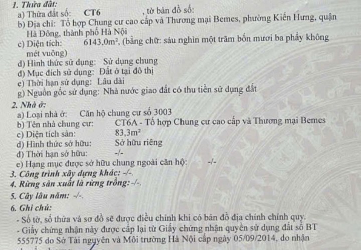 HOT BÁN GẤP CĂN HỘ CT6A BEMES – 83,3M2 – 2PN – FULL Nội Thất – SỔ ĐỎ CHÍNH CHỦ