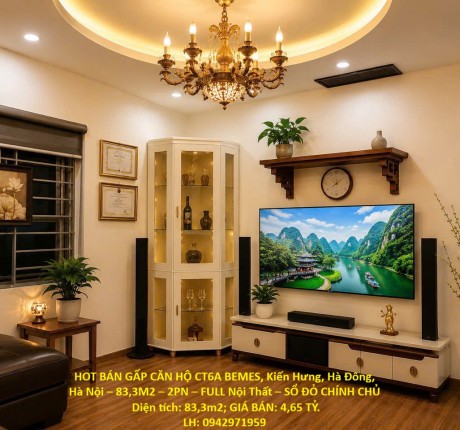 HOT BÁN GẤP CĂN HỘ CT6A BEMES – 83,3M2 – 2PN – FULL Nội Thất – SỔ ĐỎ CHÍNH CHỦ